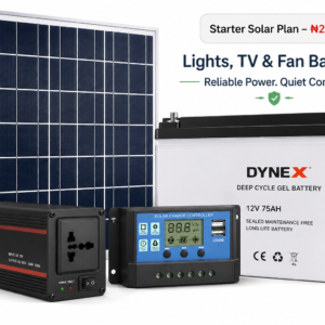 500VA Home Starter Solar System – 75Ah Battery, 150W Panel for Lights, TV & Fan Backups