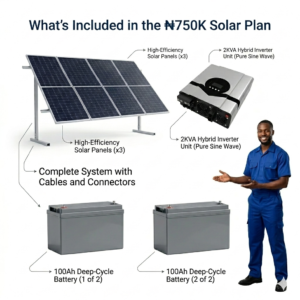 FULL complete solar system for families homes starter plan – 2KVA Inverter + 2×100Ah Battery + 600W Solar System (Home Power Solution Nigeria)